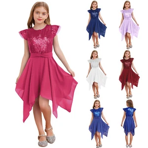 Kid Girl Sparkly Chiffon Dress with Belt Fly Sleeve Sequins Birthday Banquet  - Picture 1 of 74
