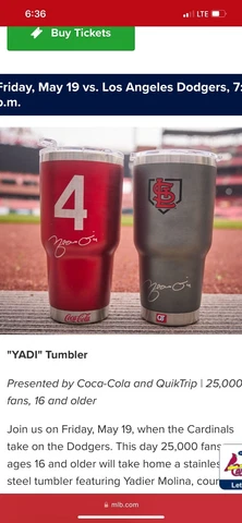 "2" St. Louis Cardinals YADI Molina Tumblers- 5/19/23 You Get One each Cover