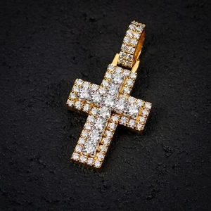 Men's VVS Moissanite 14K Yellow Gold 925 Sterling Silver Pointer Cross Pendant - Picture 1 of 5