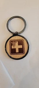 Medical Symbol Engraved Wood Round Keychain NIB - Picture 1 of 2