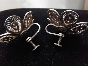 VINTAGE ANTIQUE MEXICO STERLING SILVER FILIGREE SCREW BACK CLIP EARRINGS (JA101) - Picture 1 of 9