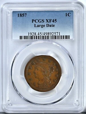 1857 Coronet Head Cent LARGE DATE PCGS Graded XF45 Great Looking Coin 1928 - Image 1 of 2