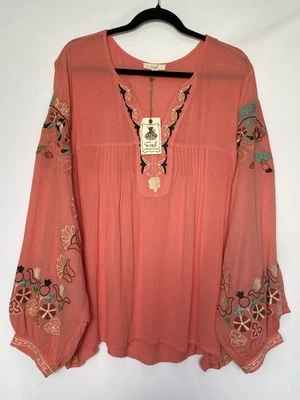  Guava Rose Bohemian Long Sleeve Oversized Fit Embroidered Blouse Size 2X - Image 1 of 4