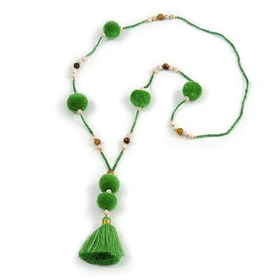 Spring Green Glass Bead, Pom Pom, Tassel Long Necklace - 88cm L/ 10cm Tassel - Image 1 of 4