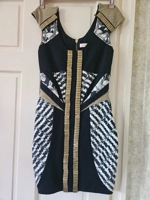 STUNNING "SASS & BIDE" AUSTRALIAN DESIGNER DRESS-BLACK/GOLD STRONG BODYCON- 38EU - Image 1 of 4