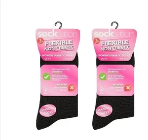 DAMENSOCKEN 100 % Baumwolle ohne Gummi Größe 6-11 Softtop Diabetiker 6er Pack schwarz - Bild 1 von 1