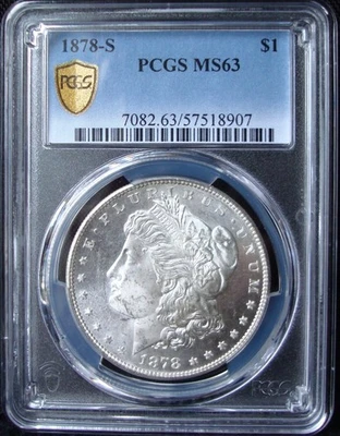 Dólar de plata Morgan 1878-S - graduación profesional MS 63 - escudo de oro Foto 1 de 4