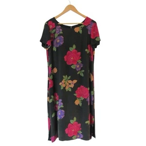 Adrianna Papell schwarz Blumen Seide Kleid Größe 12 kurze Ärmel Midi klassisch - Bild 1 von 10