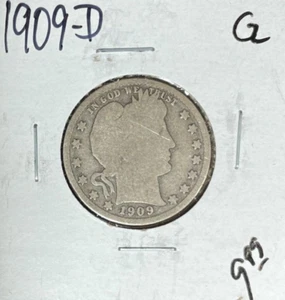 Cuarto de plata barbero 1909-D ~ bueno ~bonita moneda~ - Imagen 1 de 2