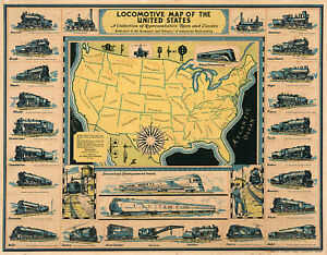 1920 Pictorial Locomotive 11"x14" Map of the United States Railroad Wall Art
