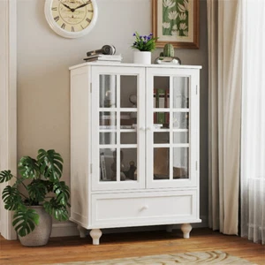 Modern Wooden Storage Sideboard w/Glass Doors&Drawer for Living Room Dining Room - Picture 1 of 18