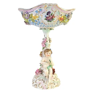 Antique Carl Thieme Dresden Reticulated Compote – 13” Porcelain, Putti & Cherub - Picture 1 of 18