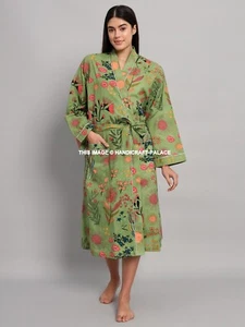 Indian Green Floral Print Kimono Robes 100% Cotton Night Gown Kimono Robes Long - Picture 1 of 8