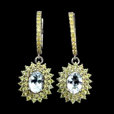 925 Argento Sterling Ovale Acquamarina 7x5mm Zaffiro Taglio Diamante Orecchini - Immagine 1 di 4