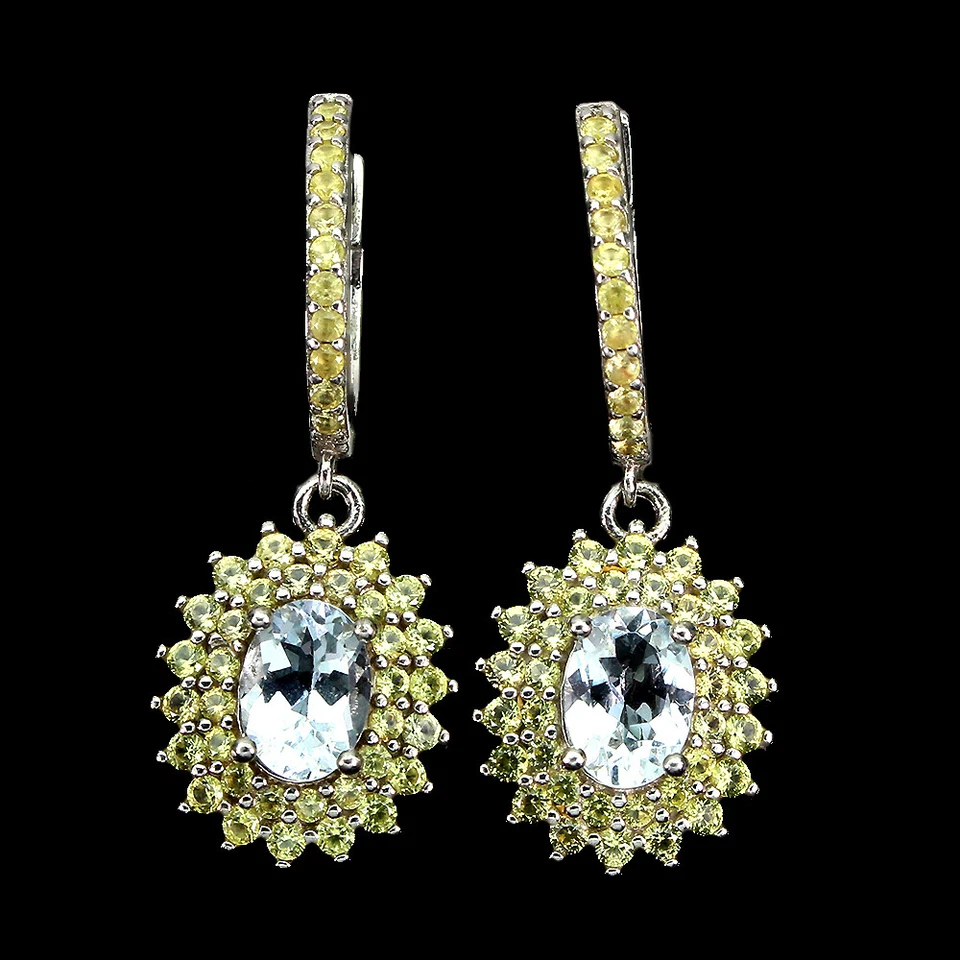 925 Argento Sterling Ovale Acquamarina 7x5mm Zaffiro Taglio Diamante Orecchini - Immagine 1 di 4