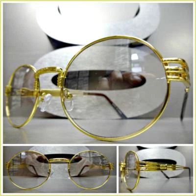 Men Classy Elegant Retro Party Club Clear Lens SUN GLASSES Large Oval Gold Frame - Image 1 of 4