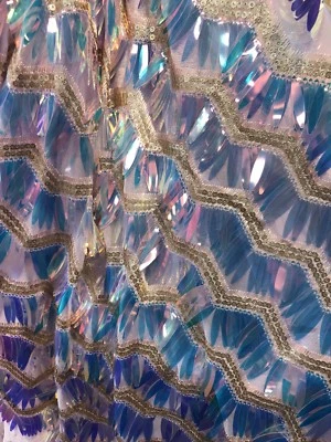 PINK UNICORN CHEVRON EMBROIDERY WITH LONG SEQUINS ON A MESH-SOLD BY THE YARD. - Image 1 of 4