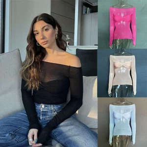 Fashion off-Neck  Top T-shirt Women's Clothes See-through Lightweight Sexy - Picture 1 of 27