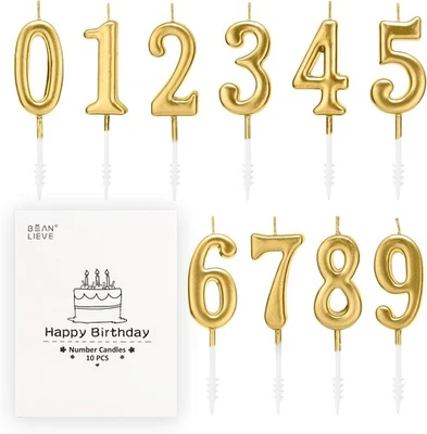 Beanlieve 10 Piezas Numérico Velas de Cumpleaños - Pastel Numérico Champagne Oro  Foto 1 de 4