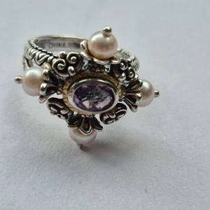Anillo Barbara Bixby Plata de Ley 18k Talla 9 Amatista y Perla Piedra - Imagen 1 de 7