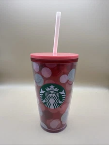 Starbucks 16 Oz Plastic Tumbler Clear Red with Silver Pink Polkadots Red Lid - Picture 1 of 5