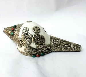 Tibetisches Silber bläst Shankh Muschel Trompete Horn Ritual Türkis Buddhist - Bild 1 von 5