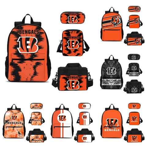 Cincinnati Bengals Kids School Backpack 4PCS Shoulder Bag Lunch Bag Pencil Case Cover