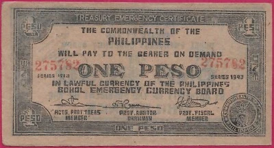 PHILIPPINES (GUERRILLA) 1 PESO 1943 275782,BOHOL EMERGENCY CURRENCY BOARD,TREASU - Image 1 of 2