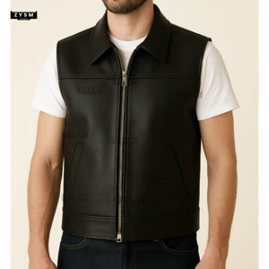Gilet in pelle nero da uomo - stile biker con zip davanti - gilet casual in pelle - dalla S alla 5XL - Foto 1 di 14