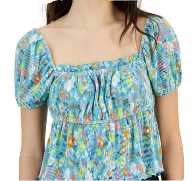Women’s love fire Puff-Sleeve Square- Neck  XL Floral multicolor Blouse Y2k - Image 1 of 4