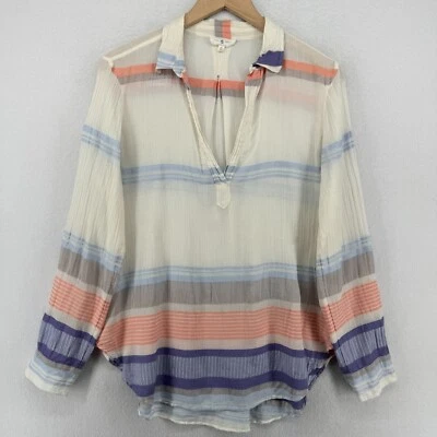LOU & GREY Top M Cotton Blend Stripe Sheer Popover Long Sleeve Off White Blue Foto 1 de 4