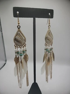 Gold Tone Hook Earrings Womens Drop Dangle Feathers Tassel Jewelry Costume - Image 1 of 4