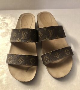 Repurposed Upcycled  Louis Vuitton Sandals Slides size 6.5 Cork Wedge