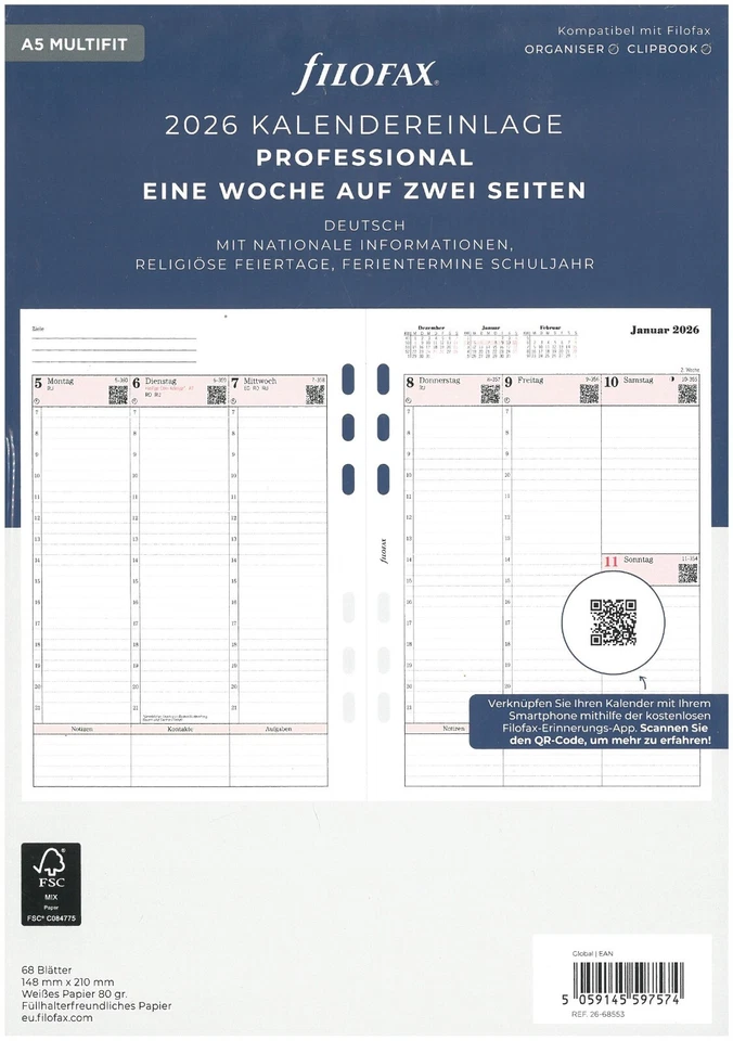 Filofax Kalendereinlage DIN A5 /1 Woche /2 Seiten deutsch 2026 Art. Nr. 26-68553 - Bild 1 von 2