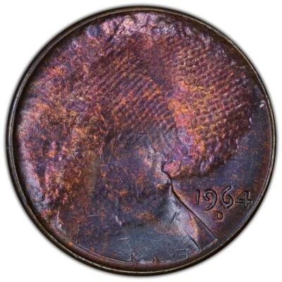 1964D PCGS MS62 75% Struck Thru Cloth Lincoln Cent Mint Error Wow Rainbow Toned - Image 1 of 4