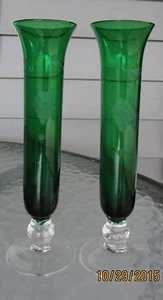 Set of 2 Footed Forest Green Vases with Etched Grapes - Picture 1 of 5