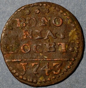 1743 Estados Pontificios Bolonia 1 Quattrino Benedicto XIV KM# 225 - Imagen 1 de 2