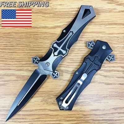 9" Luxury Black Cross Jesus Tactical Spring Assisted Blade Folding Pocket Knife - Image 1 of 4