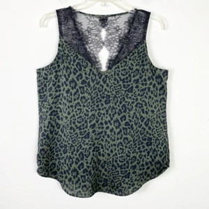 NWT Express Army Green Black Leopard Animal Print Lace Trim Sleeveless Blouse M - Picture 1 of 4