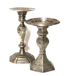 Candle Holders Silver Metal Hexagon India Bombay Mismatched Set 2 - Picture 1 of 11
