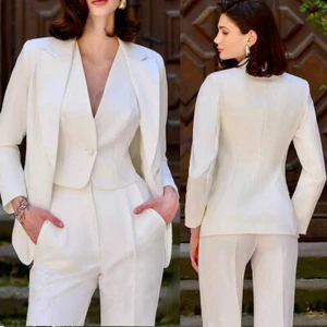 White Women's Suit 3 Piece Peak Lapel Dressy Wedding Business Casual Pantsuits - Picture 1 of 6