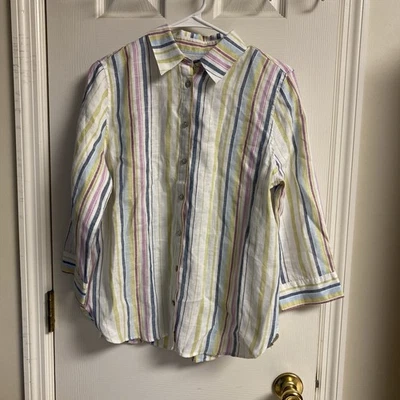 Camisa Chico’s 0 No Iron™ multi listras 100% linho LAVENDER SKIES - Imagem 1 de 4