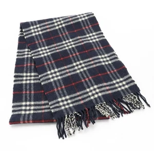 BURBERRY NAVY BLUE HOUSE CHECK PLAID LAMBSWOOL VINTAGE SCARF 11.25" X 72" - Picture 1 of 5