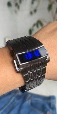 2001 LED Digital Quartz Watch Steel Men Futuristic From Cyberpunk Y2K Vintage - Image 1 of 4