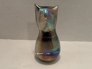 Hand Blown Art Glass Cat Kitty Carnival Iridescent Blue Paperweight Sculpture - Picture 1 of 9
