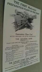 Maidsville WV 1938 Repositorio de póster de 9 minas de Valley Camp Coal Co. Maiden Mine - Imagen 1 de 1