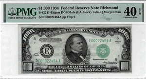 1934 $1000 Federal Reserve Note-fr.2211-Edgsm(Richmond) PMG 40 EPQ--Scarce mule! - Picture 1 of 6