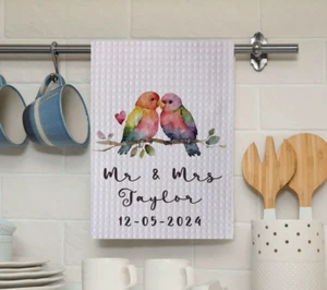Toalla de té de calidad personalizada, toalla gofre diseño Love Bird, regalo único - Imagen 1 de 2
