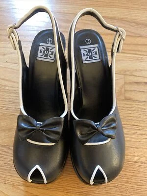 T.U.K. NEGRO BLANCO 4" GRUESO PEEP TOE PLATAFORMA TALLA 7 ROCKABILLY PINUP GIRL! Foto 1 de 4