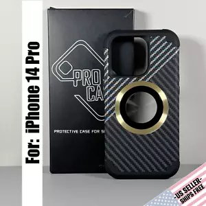 Funda para iPhone 14 Pro - Patrón de Fibra de Carbono Negra | Círculo Magnético Dorado - Imagen 1 de 17